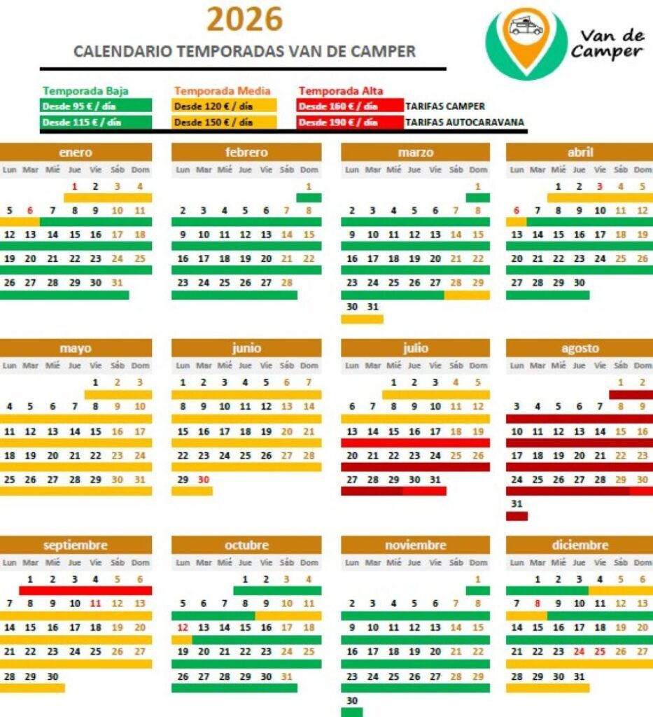 calendario temporadas y tafiras de alquiler de Van de Camper 2026