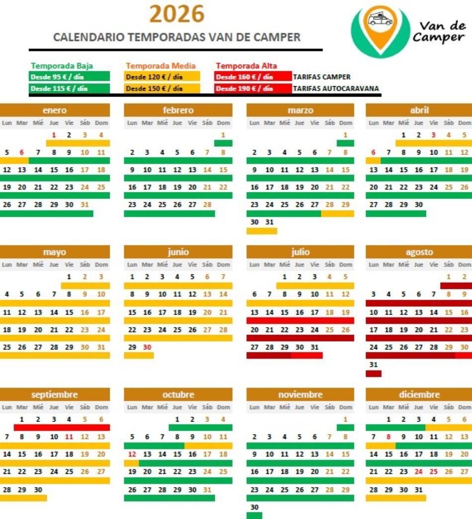 calendario temporadas y tafiras de alquiler de Van de Camper 2026