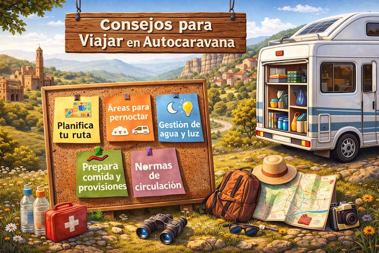 tablero anunciando los principales consejos para viajar en autocaravana