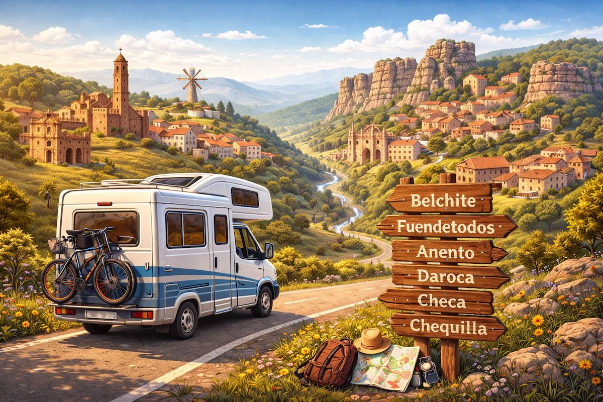 imagen de una autocaravana en ruta por diversos pueblos